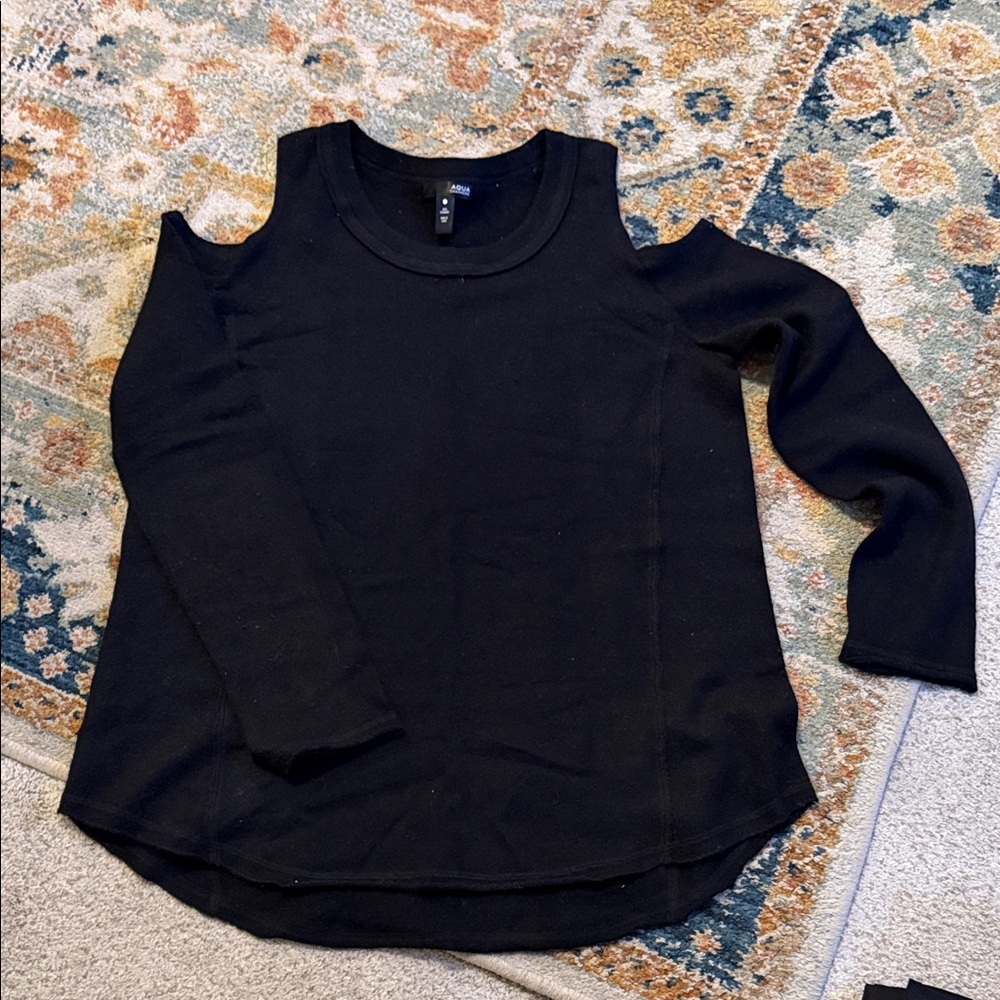Aqua Black Cold-Shoulder Long Sleeve Top